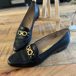 Salvatore Ferragamo Black Leather Loafers with Gold Hardware